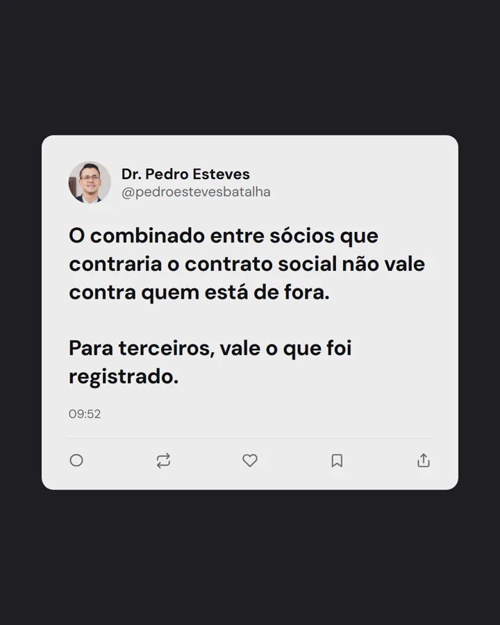 Post no estilo print de Twitter sobre combinado entre sócios