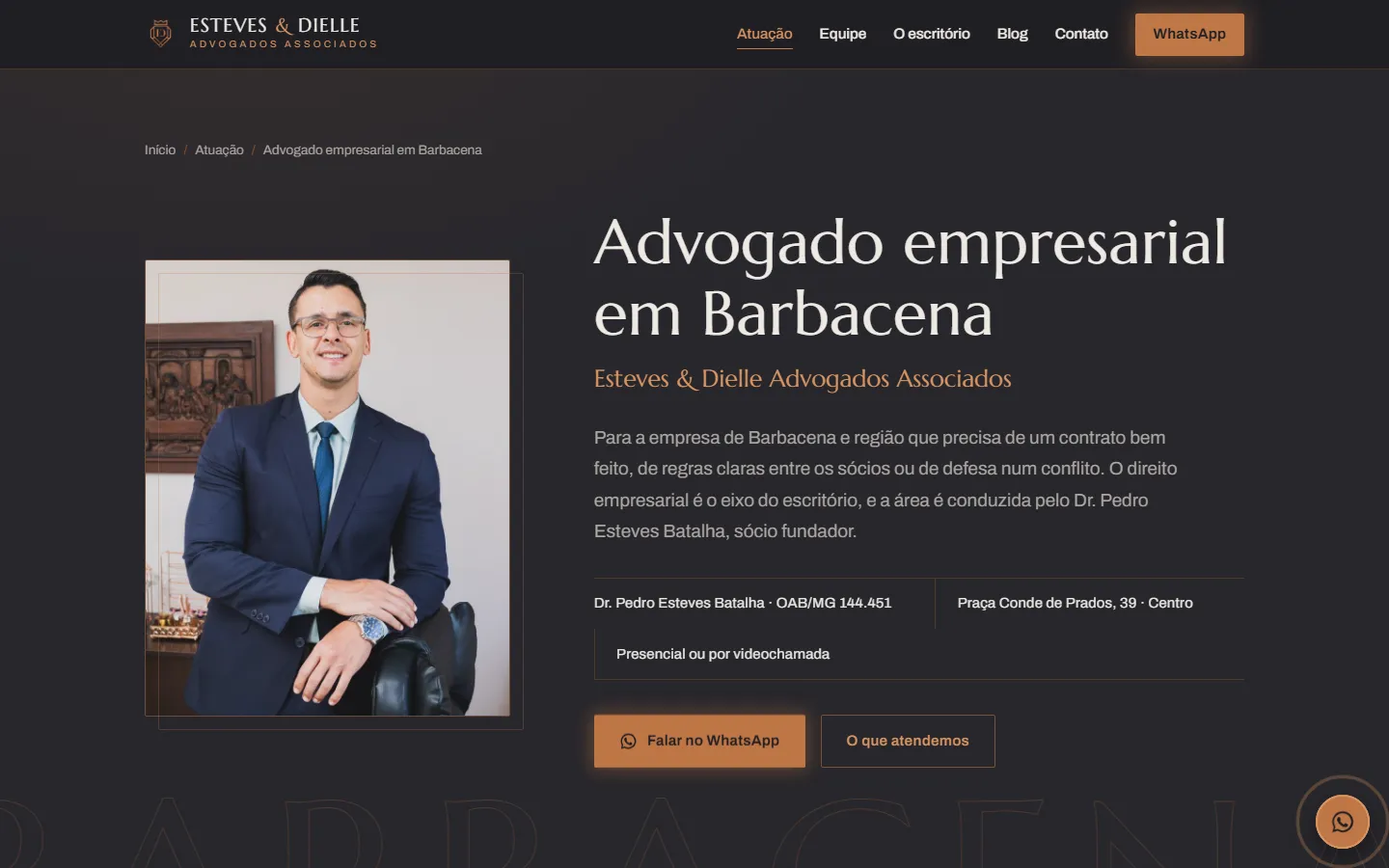 Página da área empresarial no site da Esteves & Dielle Advogados