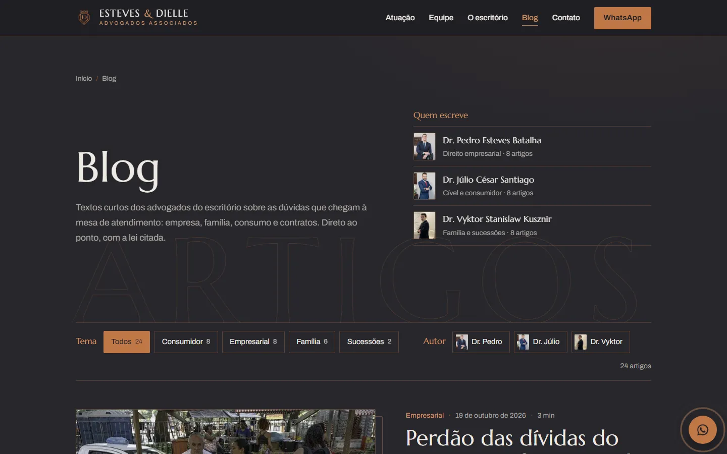 Blog do site da Esteves & Dielle Advogados, com a lista de artigos